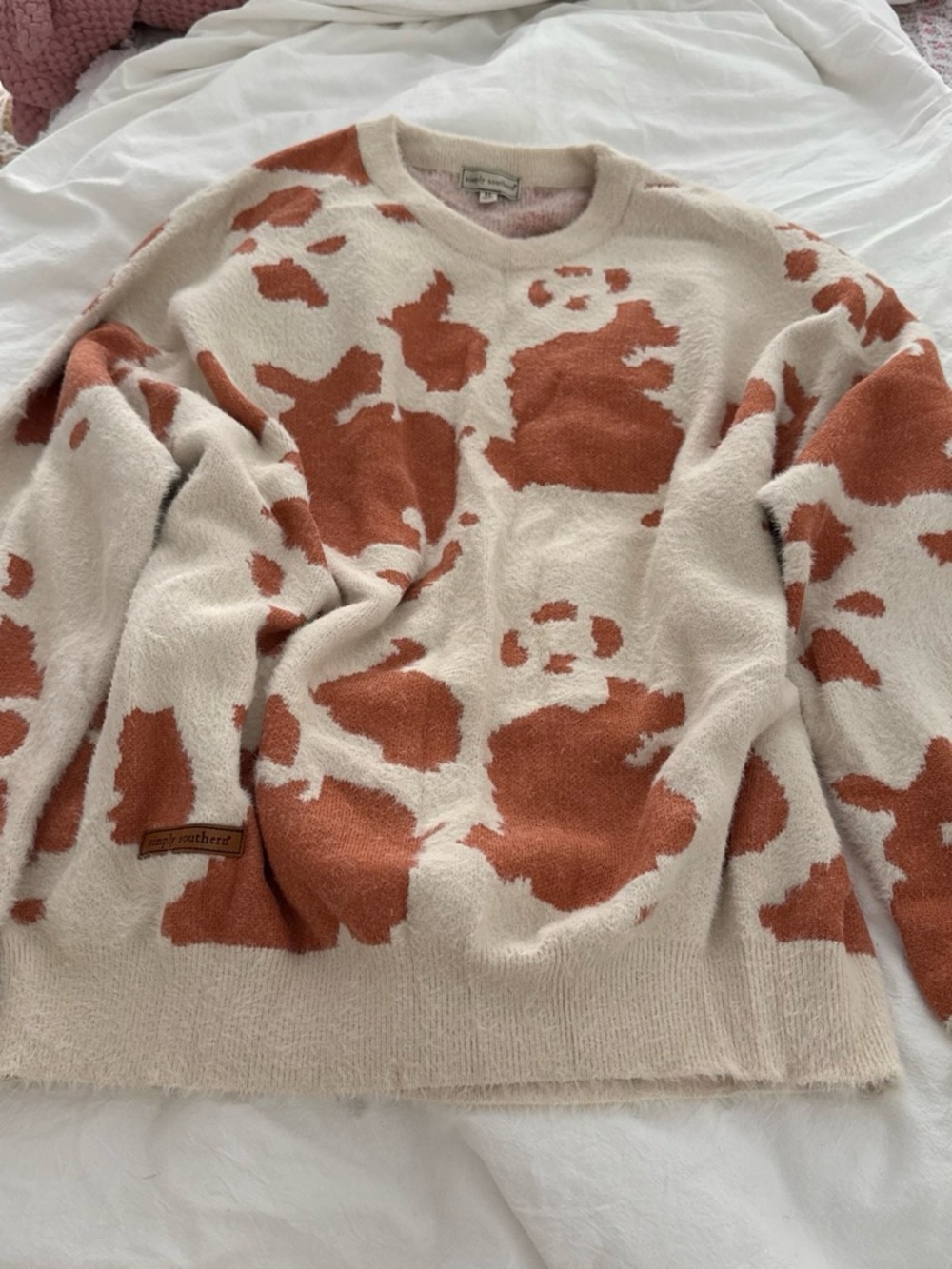Simly southern Cream and Rust Cow Print Crewneck sweater